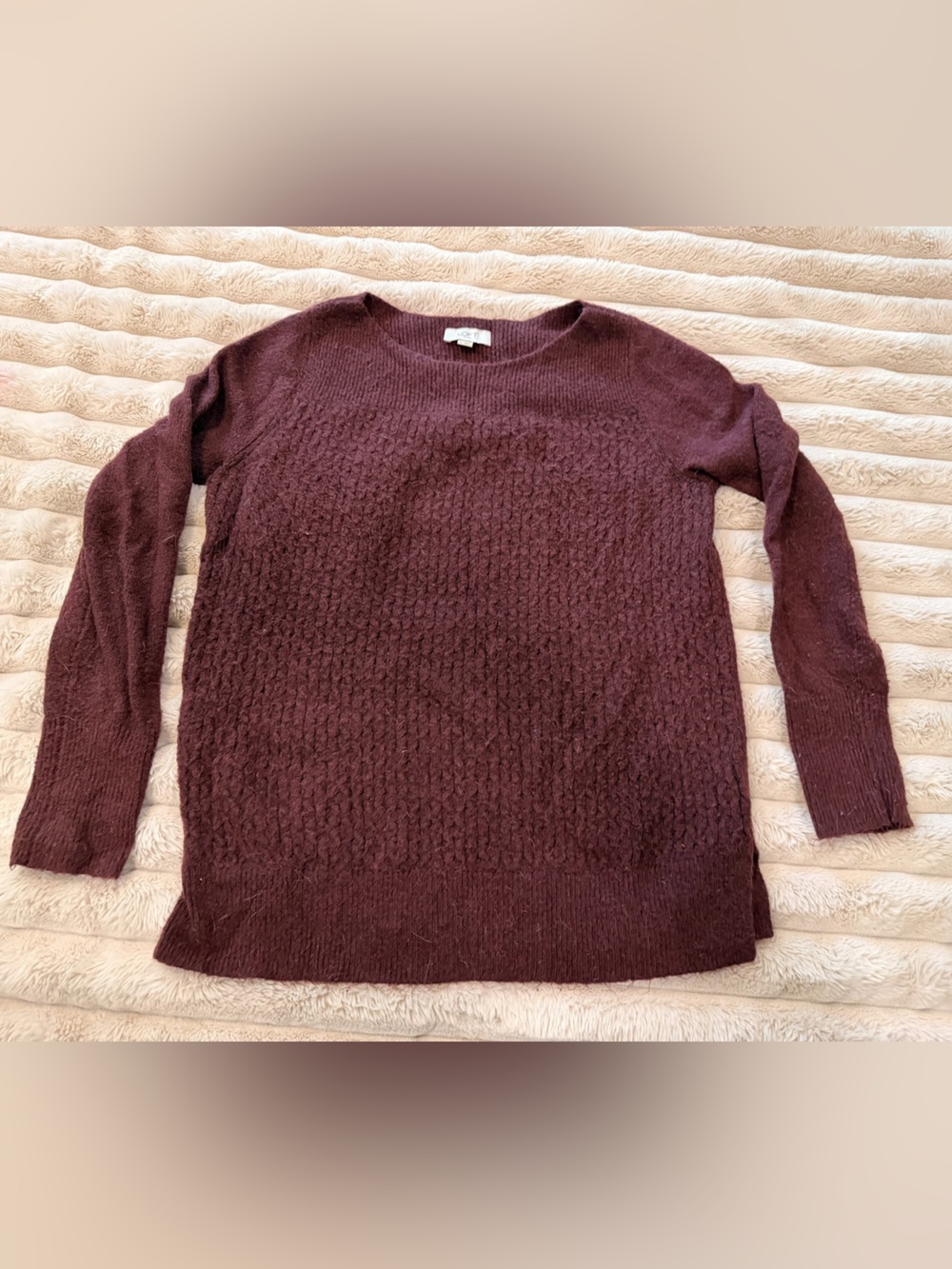 LOFT Deep Wine Cable Knit Crewneck Sweater